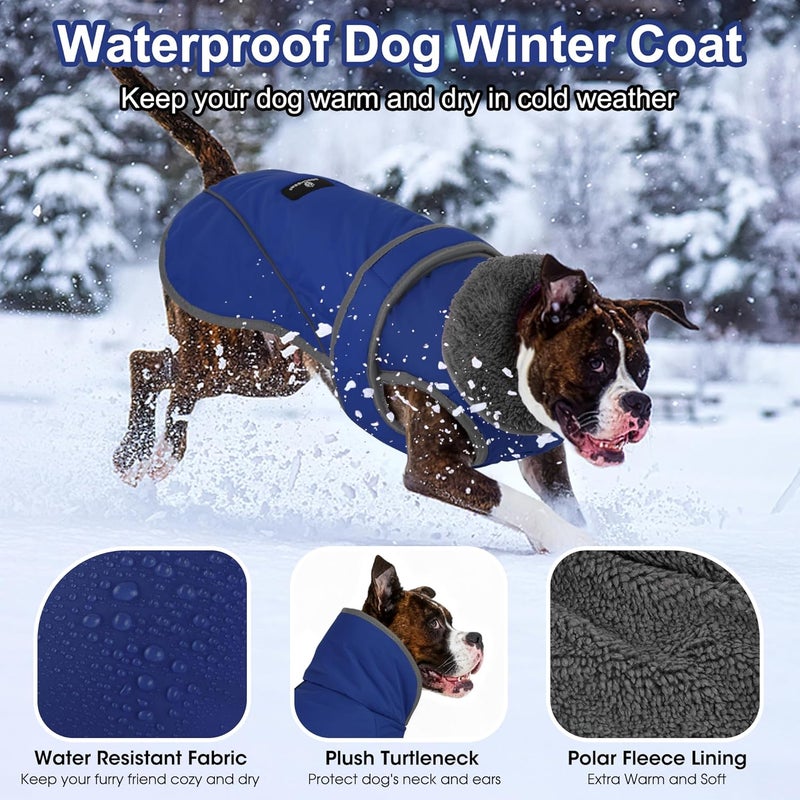 Dogcheer Dog Coat, Waterproof Dog Jacket Reflective Pet Winter Coat with Adjustable Hook & Loop, Christmas Puppy Fleece Jacket Warm Turtleneck Snowsuit for Small Medium Large Dogs - Blue, L - Image 2